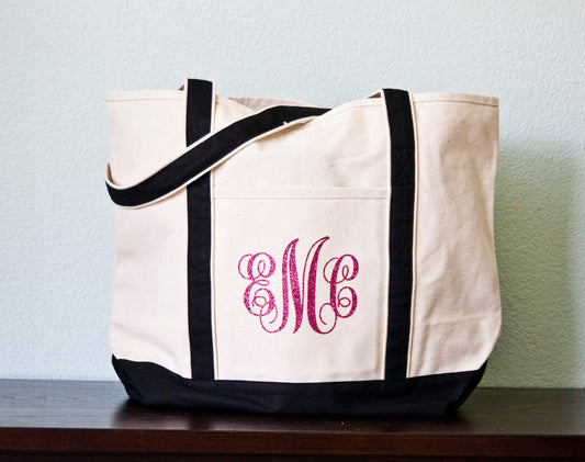 Glitter Vine Monogrammed Large Boat Tote Canvas Large Carry All Tote Beach Tote Bag