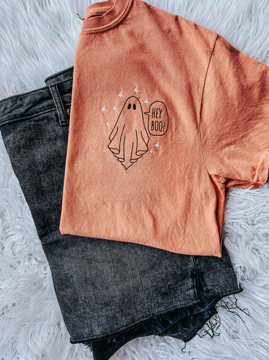 Hey Boo Ghost Embroidered Tee Comfort Colors TShirt Halloween Spooky Shirt