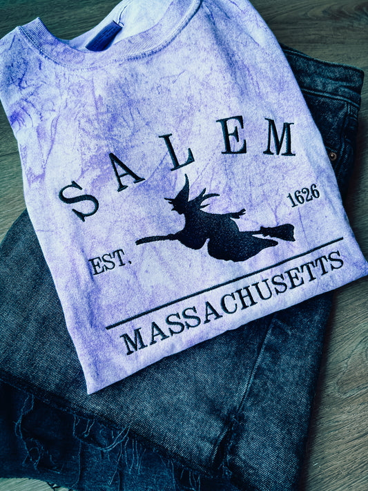 Salem Mass Witches Embroidered Tee Comfort Colors Blast Tie Dye TShirt Halloween Spooky Shirt (Copy)