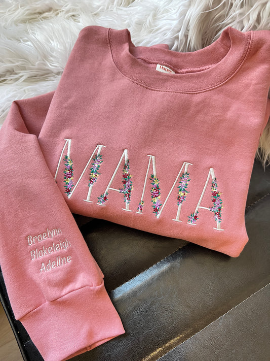 MAMA Floral Crewneck Sweatshirt with Children Names Sleeve Embroidery Custom Gift Flowers Mom Shirt