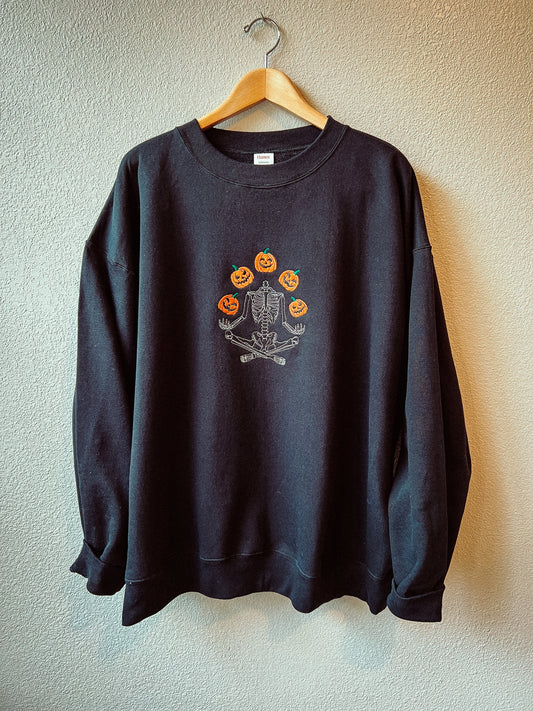 Pumpkin Head Yoga Skeleton Halloween Crewneck Sweatshirt Spooky Season Fall Fleece Cowboy Sweatshirt