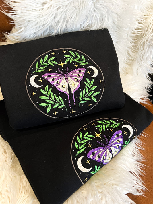 Moon and Moth Nature Crewneck Sweatshirt Boho Embroidery Custom Gift Stars and Moon Butterfly Mother Nature