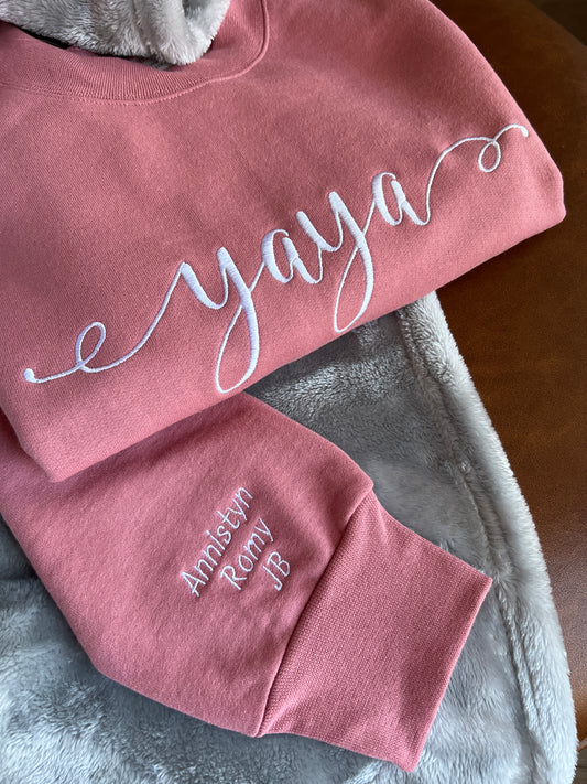 Yaya Floral Crewneck Sweatshirt Sleeve Names Embroidery Custom Gift Flowers