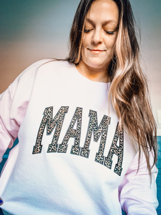 Mama Leopard Appliqué Crewneck Sweatshirt Embroidery Custom Gift