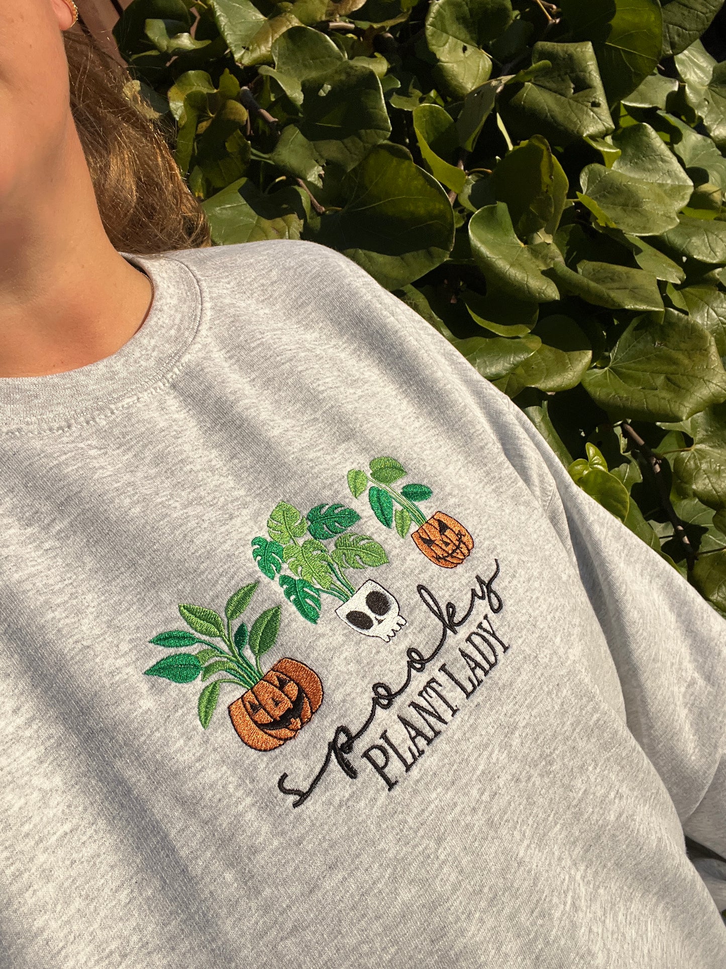 Spooky Plant Lady Halloween Crewneck Sweatshirt Spooky Season Fall Fleece Pumpkins Skeletons Plant Lover