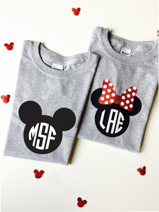 Minnie and Mickey Monogram Shirts Unisex Style Brother Sister Mickey Minnie Faces Monogrammed Shirt