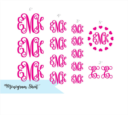 Set of 15 MONOGRAM DECALS Sheet Interlocking Vine Monogram Heart Frame Monogram Wedding Decals