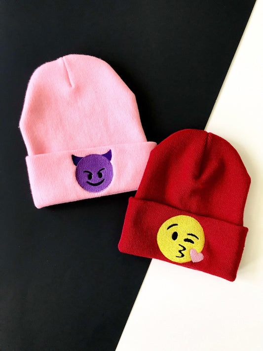 EMOJI Beanie Devil Kissy Face Emojis Embroidered Slouchy Hat Girlie Kawaii Hat Custom Beanie