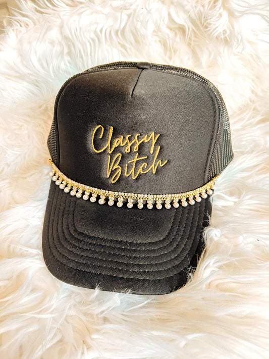 Classy Bitch Hat Pearls Rhinestone Gold Chain Foam Trucker Gold Embroidered Foam Trucker Hat Gag Gift Funny Humor Hat