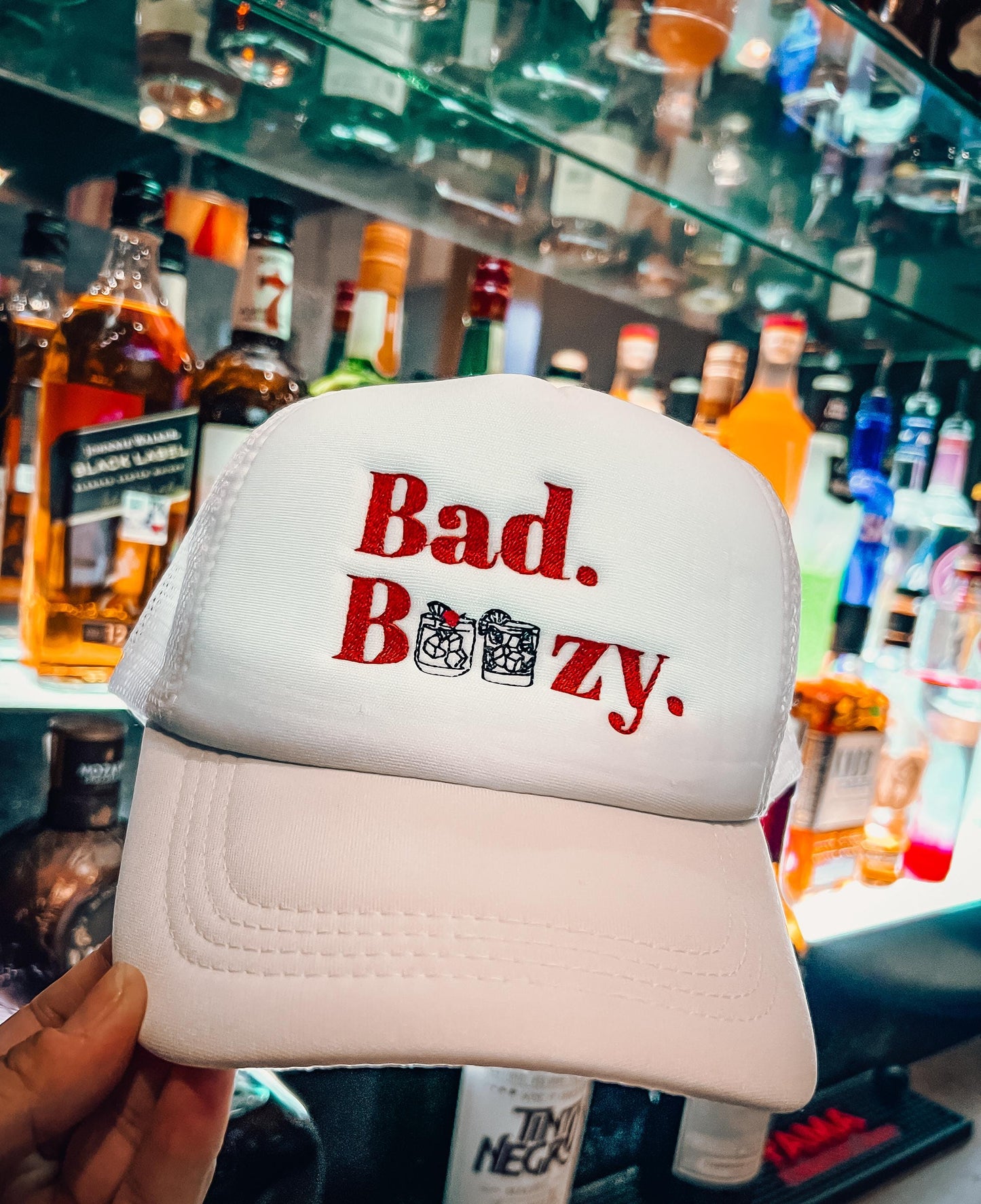 Bad and Boozy Embroidered Trucker Hat Embroidered Custom Hats Bachelorette Hat Party Vacation Vibes Old Fashioned