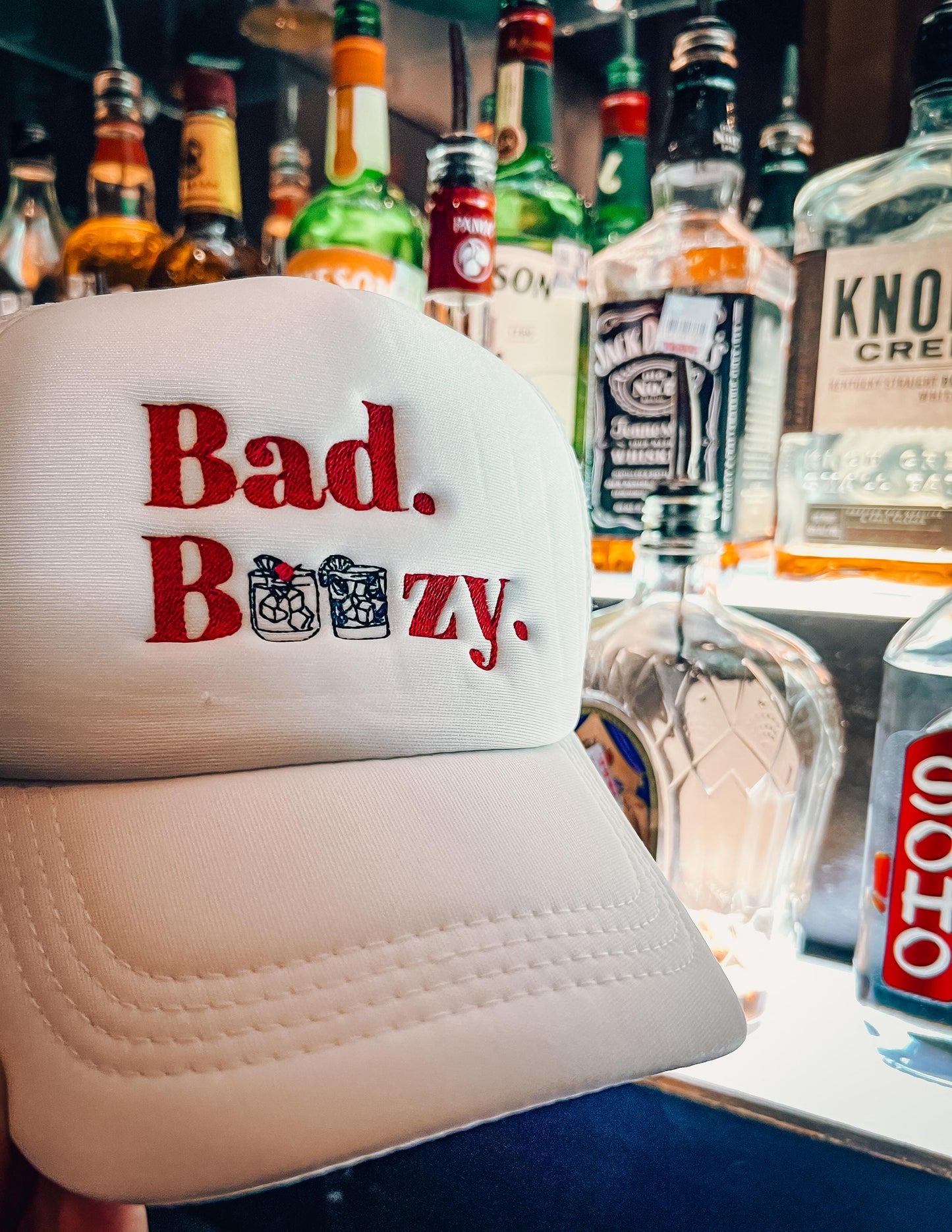 Bad and Boozy Embroidered Trucker Hat Embroidered Custom Hats Bachelorette Hat Party Vacation Vibes Old Fashioned