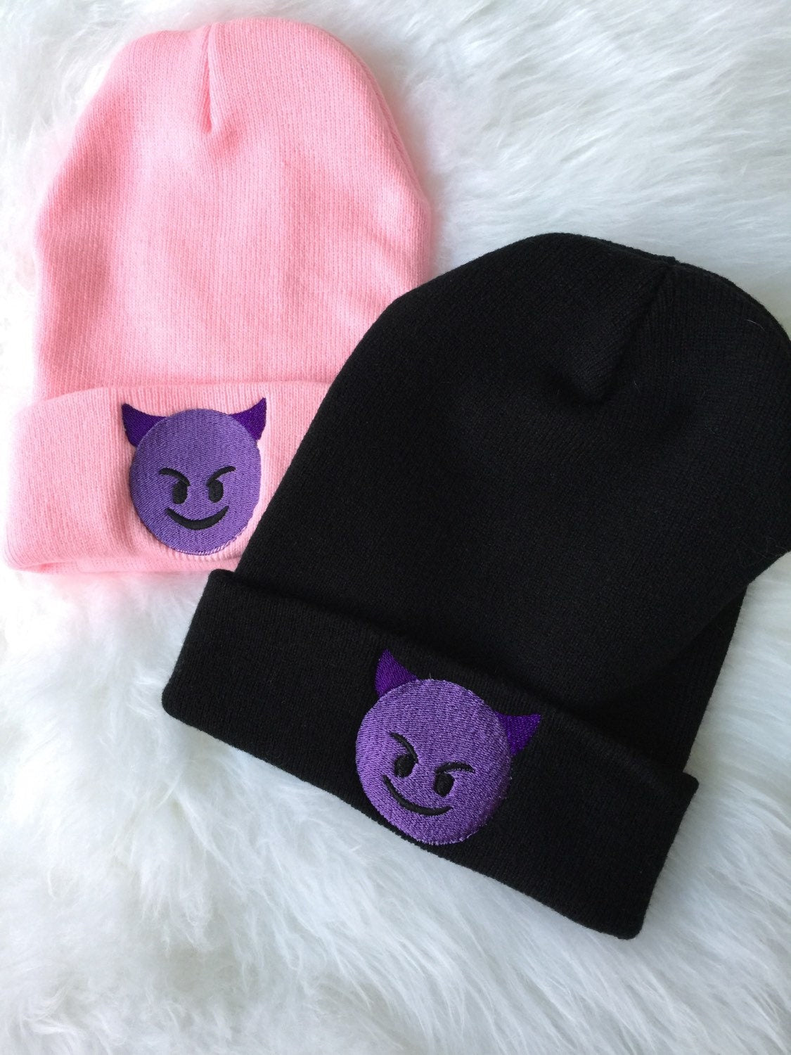 EMOJI Beanie Devil Kissy Face Emojis Embroidered Slouchy Hat Girlie Kawaii Hat Custom Beanie